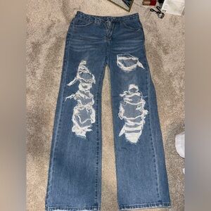 SHEIN Blue Distressed Straight Leg Jeans